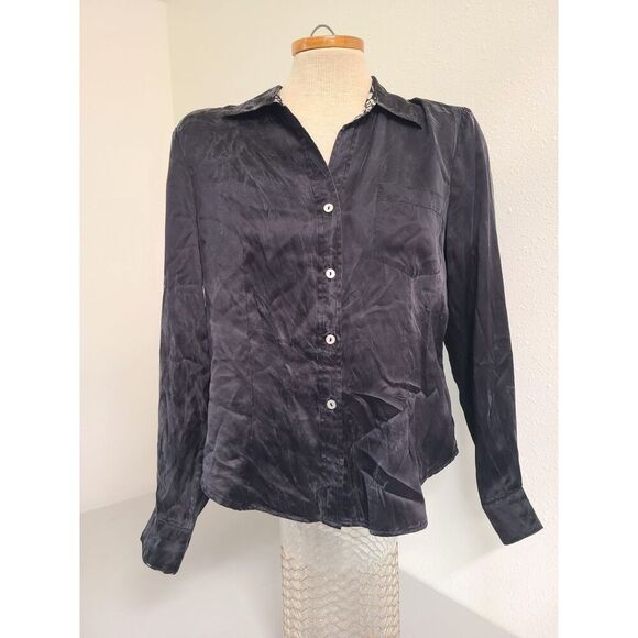 Vtg Robbie Bee 100% Silk Black Button Shirt Quiet Luxury Witchy Whimsygoth LARGE - Picture 6 of 8